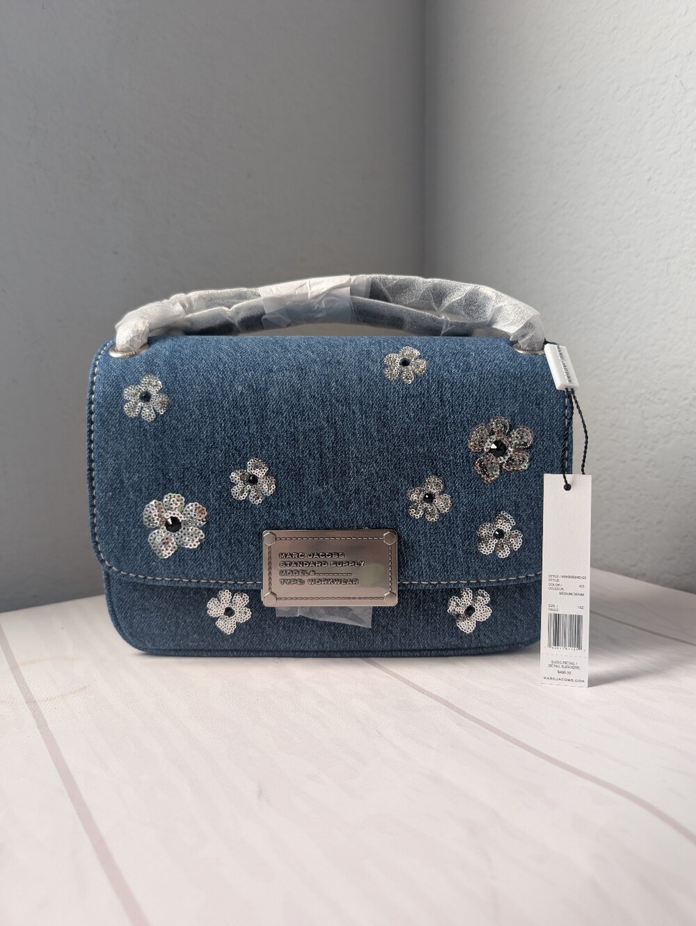 NWT Marc Jacobs Denim Sequin Daisy Medium Shoulder Bag